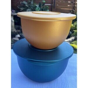 1970s Vintage Christmas Tupperware large Nesting Bowl Set Blue Gold w/Lids